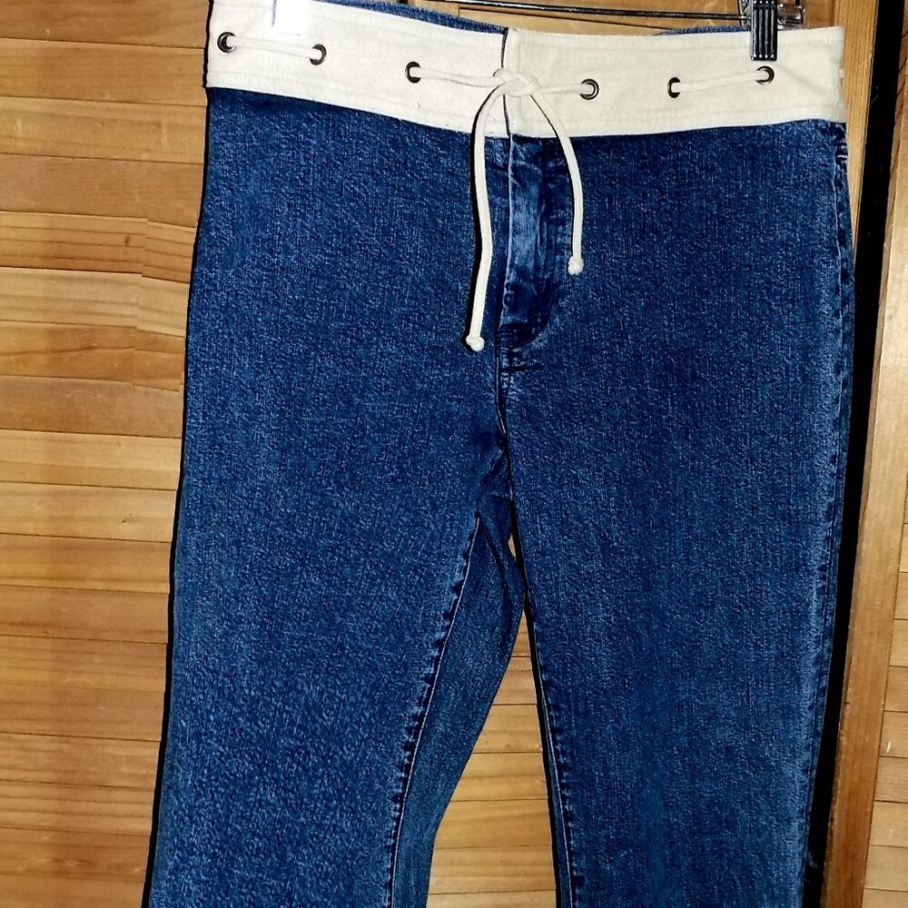 VINTAGE Ideology SZ 6 Dark Wash 30x30 Flare Suede Band Tie Waist Slit Ankle Jean
